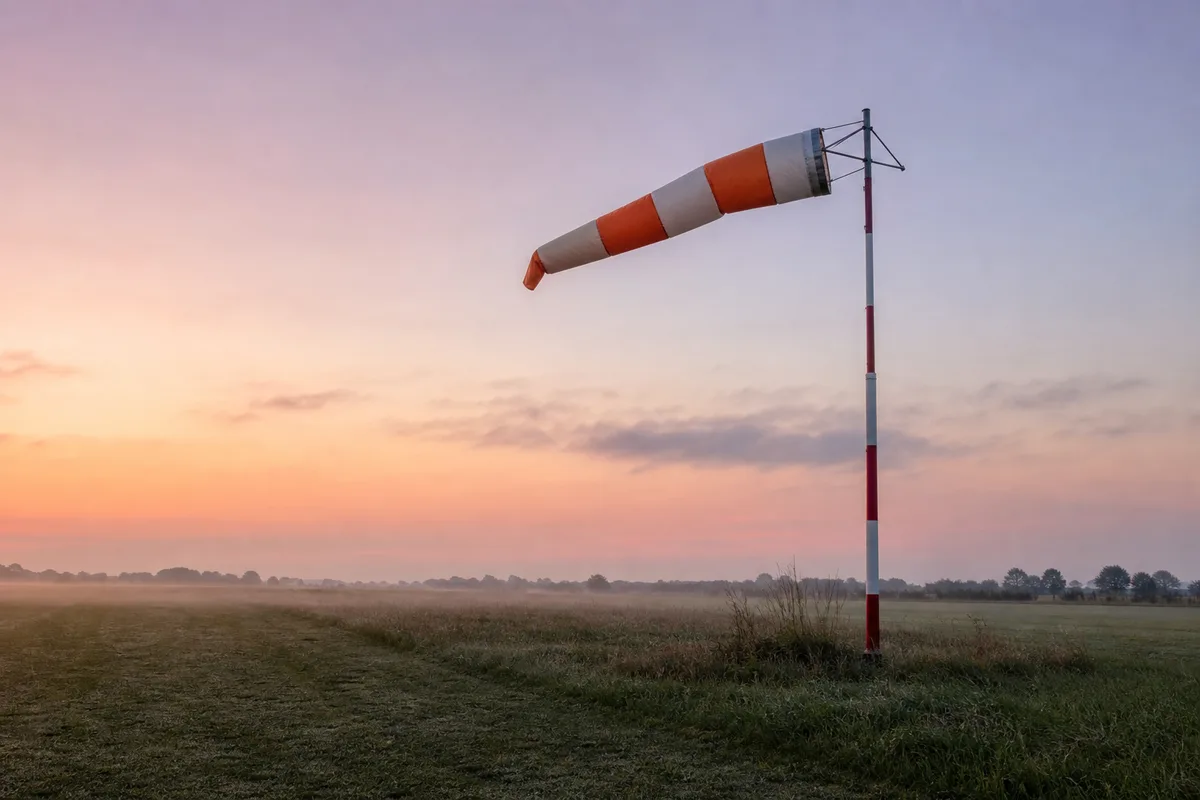 Manche à air gonflée par le vent au bord d’une piste d’aérodrome au lever du jour