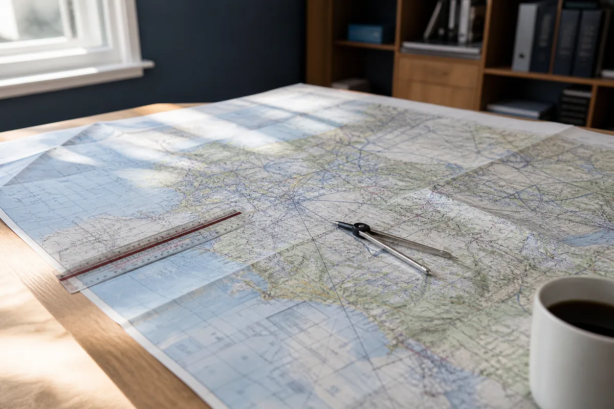 Carte aeronautique OACI depliee sur une table de preparation de vol