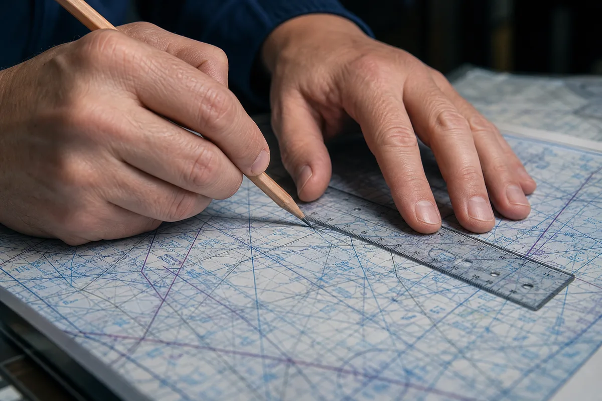 Pilote annotant une carte VFR avec un crayon et une regle de navigation