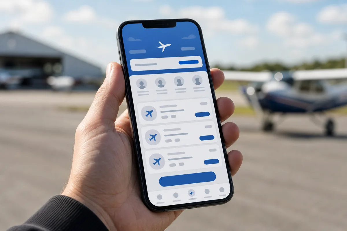 Écran de smartphone affichant une application de mise en relation pilotes-passagers