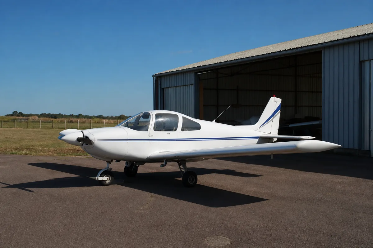 Petit aérodrome de campagne avec avion léger stationné devant un hangar