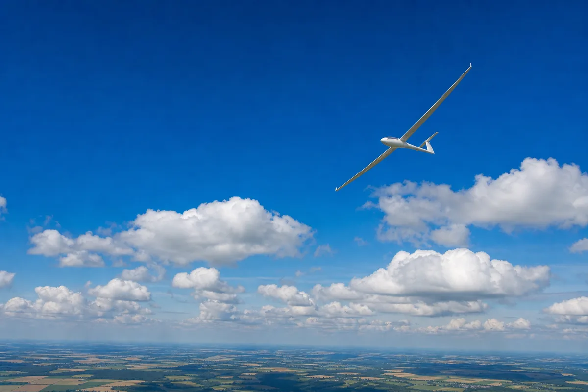 Planeur blanc en virage sous un ciel de cumulus, vu depuis le sol