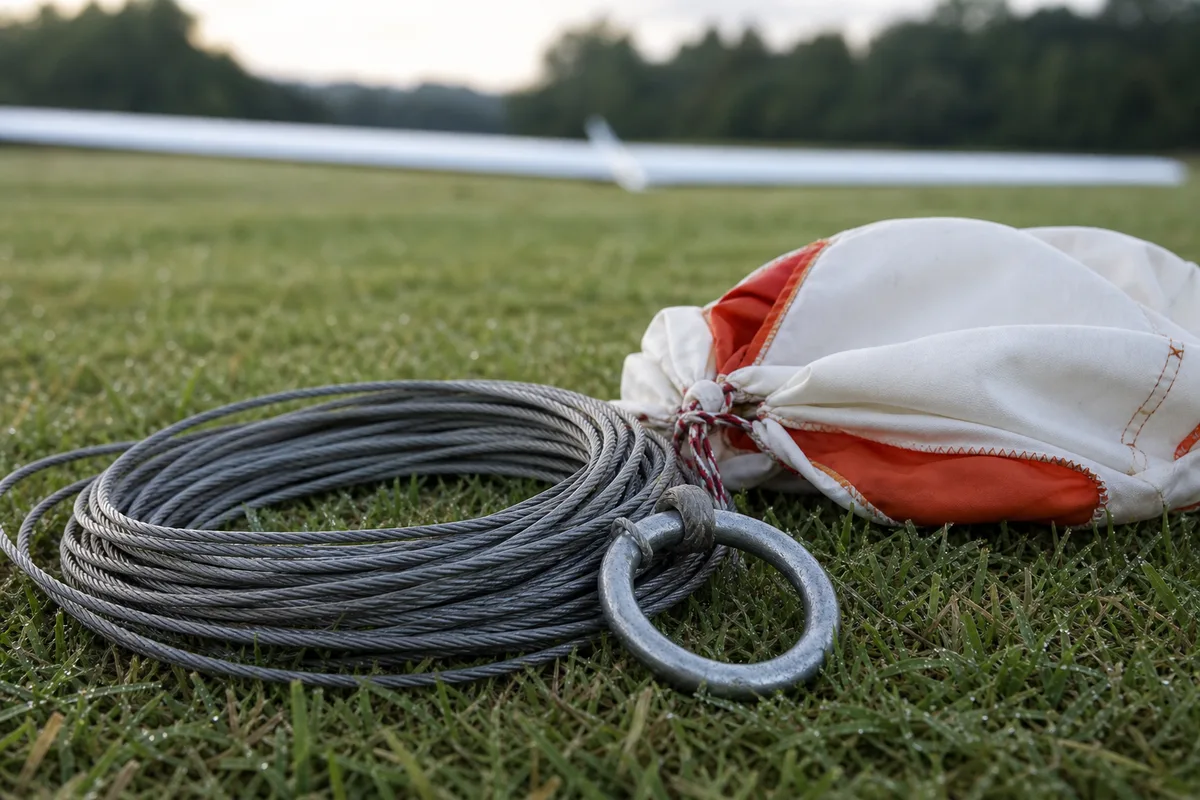 Câble de treuil et anneau de largage posés sur l&rsquo;herbe d&rsquo;une piste d&rsquo;aérodrome